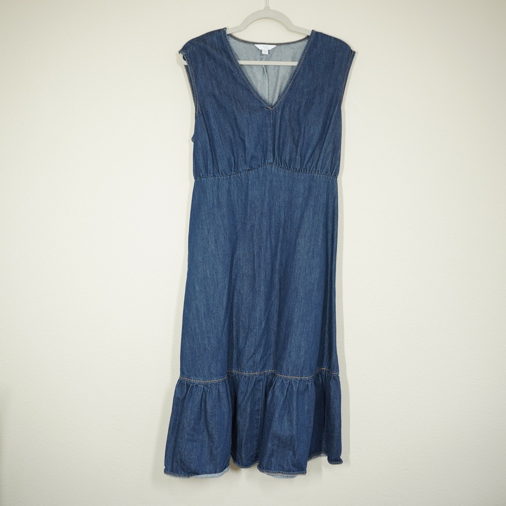 Time & Tru Size Large Cotton Denim Midi Dress Blue V-Neck Sleeveless Ruffle Hem